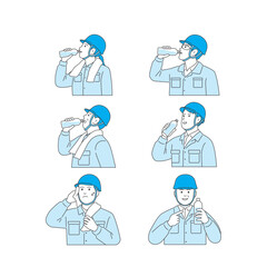 建設・工場作業員のセット：作業服とヘルメット姿のポーズ