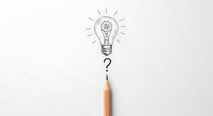 Pencil drawing of a lightbulb and question mark symbolizing idea generation and problem solving, isolated on white background