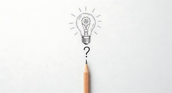 Pencil drawing of a lightbulb and question mark symbolizing idea generation and problem solving, isolated on white background