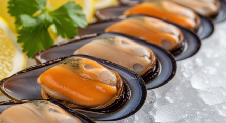 Close-up of Raw Mussels in Shells Arranged on Crushed Ice with Lemon, Fresh Seafood Appetizer Display