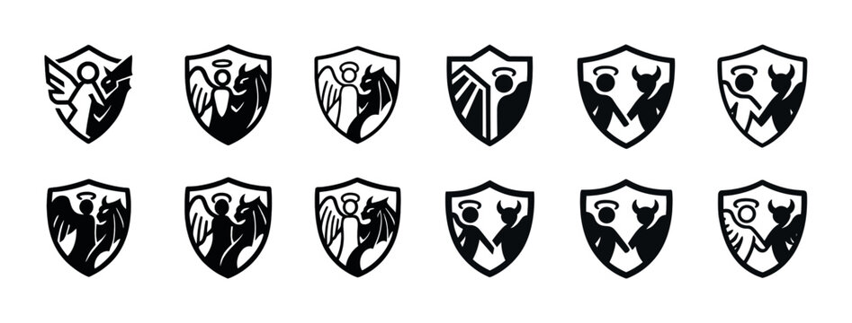 Set of monochrome heraldic shields with angels and demons in various styles