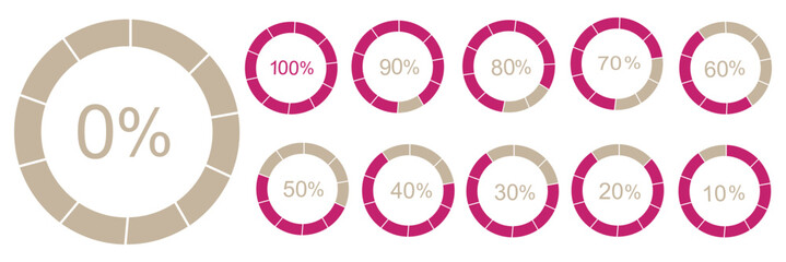 Circle loading or circle progress with percentage . Set of circle percentage diagrams for infographics 0 10 20 30 40 50 60 70 80 90 100 percent. Vector infographic