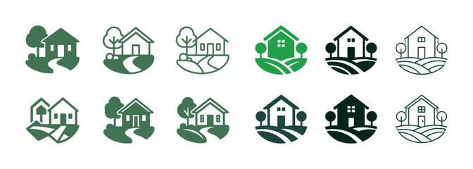 Fototapeta premium Collection of green home icons with nature elements in various styles