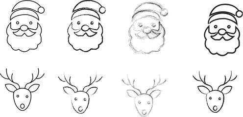 Hand-Drawn Sketch Style Icons of Santa Claus Head and Festive Christmas Reindeer Faces