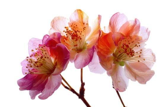 Delicate pink and orange cherry blossom flowers with yellow stamens on black image, Isolated On Transparent Background, Png Cut Out
