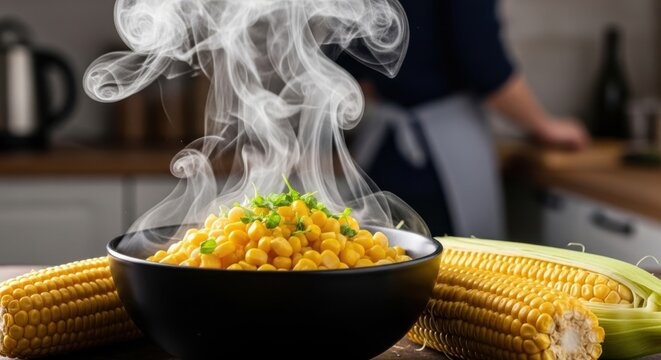 Steaming Hot Sweet Corn Kernels in a Black Bowl with Fresh Parsley, Healthy Simple Cooked Vegetable Side Dish