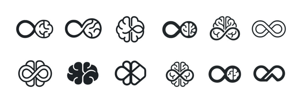Brain and infinity symbol icons set in black and white