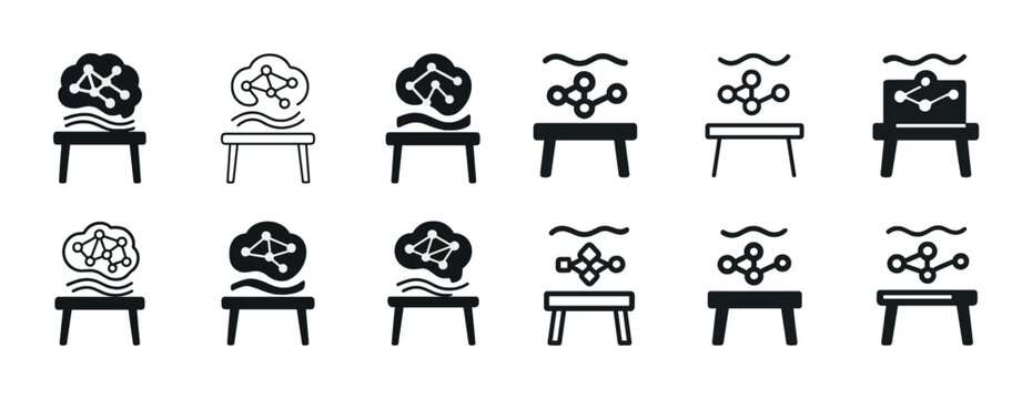 Cloud networking icons on desks - simplified black and white vector set