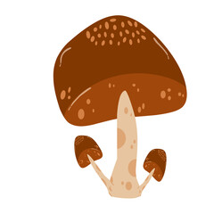 Charming Brown Mushroom Family Illustration. Cute Fungi with Spotted Stems Isolated on White Background.