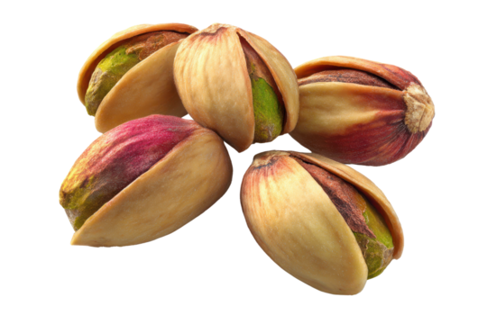 Five open pistachios with green kernels and reddish purple skin on black background nuts food, Isolated On Transparent Background, Png Cut Out