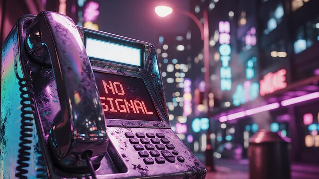 Phone Booth Glitches in Cyberpunk City With No Signal Message
