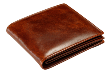 Brown leather bifold wallet folded on black background accessory, Isolated On Transparent Background, Png Cut Out