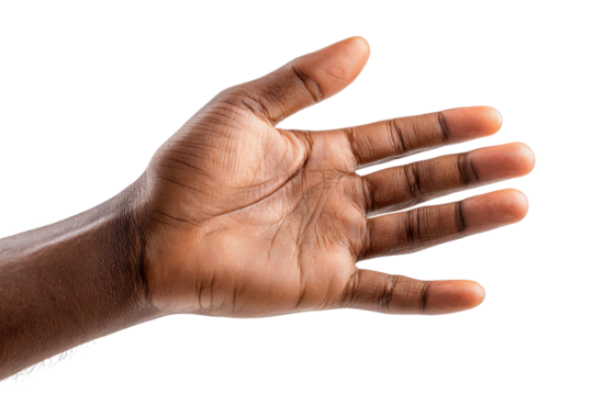 Close up of an open dark skinned human hand with fingers spread image, Isolated On Transparent Background, Png Cut Out