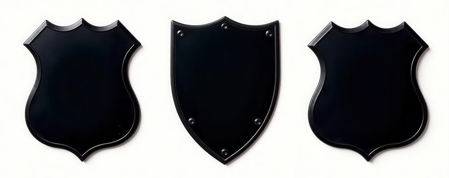 Vintage black police badge silhouettes; shield shapes, isolated , design element, patch, law