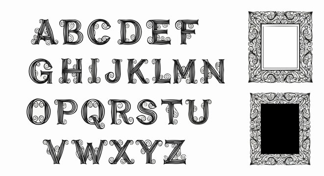 Elegant alphabet letters with decorative frames and artistic design.