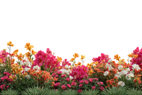Diverse colorful flower bed with green grass isolated on black background flowers floral, Isolated On Transparent Background, Png Cut Out