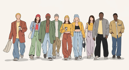 Diverse group of young adults showcasing modern street style fashion.