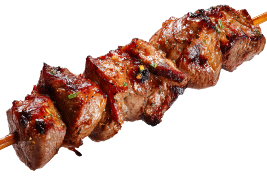 Grilled beef cubes on wooden skewer against black background meat, Isolated On Transparent Background, Png Cut Out