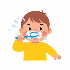Young boy brushing teeth with toothpaste and toothbrush.
