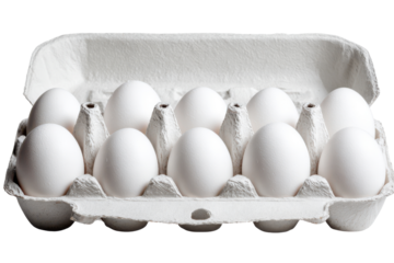 Ten white chicken eggs in a gray cardboard carton on a black background image, Isolated On Transparent Background, Png Cut Out