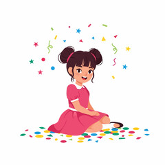 A happy young girl in a pink dress sitting surrounded by confetti.