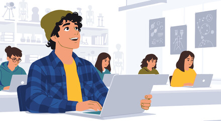 Inspired college student learning on a laptop in a modern science class. Vector illustration of higher education and technology