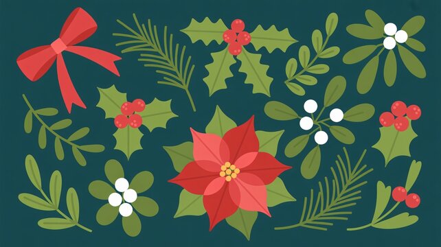 Festive holiday cheer with poinsettias, holly, mistletoe, and ribbons