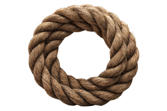 Thick brown rope formed into a circular shape on black background loop, Isolated On Transparent Background, Png Cut Out