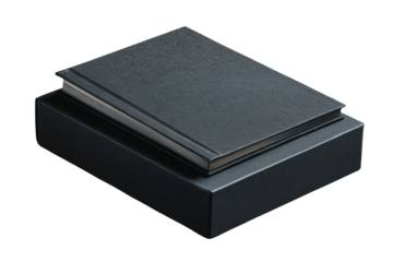 Dark gray textured book resting on a black rectangular box image, Isolated On Transparent Background, Png Cut Out