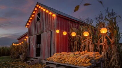 A Rustic Red Barn Illuminated by Warm Orange Lanterns Amidst Autumn Corn Stalks and Harvest Decorations Creates a Cozy Evening Halloween Ambiance on a Farm
