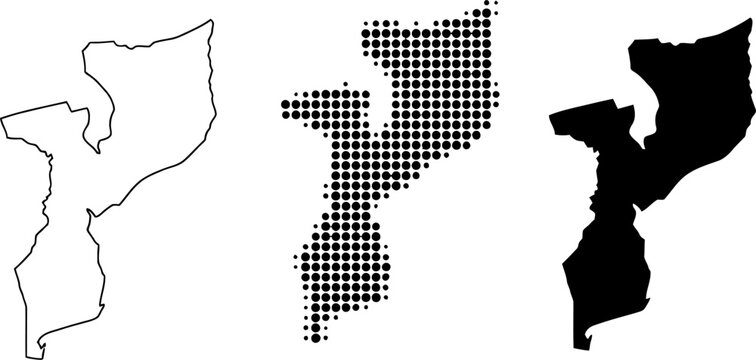 Mozambique Map Vector Set Outline Halftone Silhouette