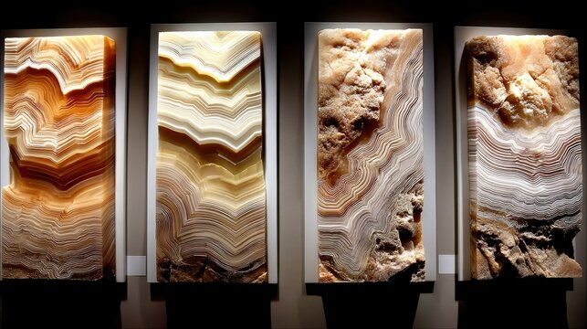 Four large, rectangular slabs of natural onyx stone, each with distinct layered patterns and warm, earthy tones, are illuminated from behind and displayed verti