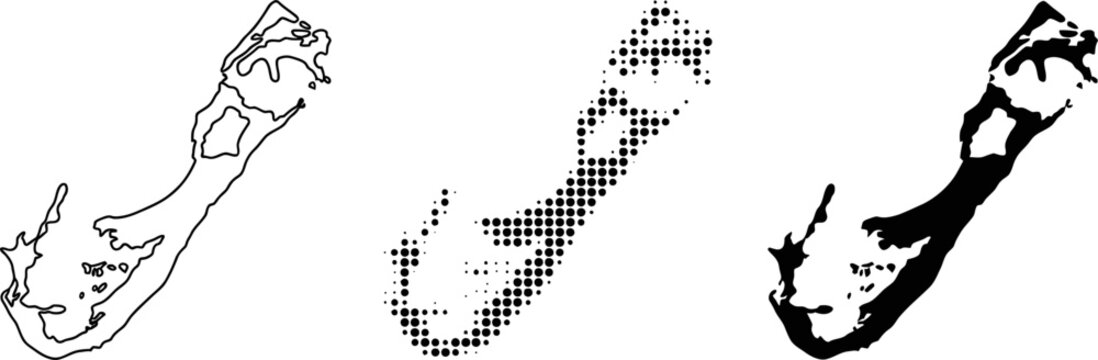 Bermuda Map Outline Halftone and Solid Silhouette Vector Set