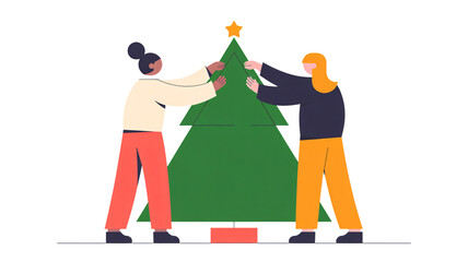 Friends decorate Christmas tree together, sharing festive holiday joy