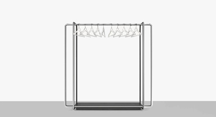 Minimalist clothing rack with empty hangers on a clean background.
