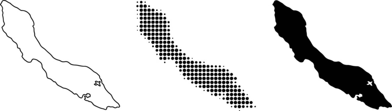 Cura&ccedil;ao Island Map Vector Outline Silhouette Halftone Set