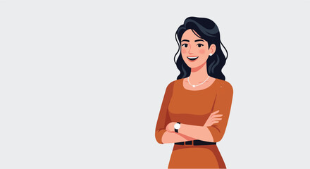 Charming and Confident Cartoon Businesswoman Vector Illustration with a Welcoming Smile and Crossed Arms, Perfect for Professional and Friendly Designs