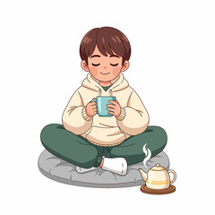 Young man enjoying tea in a peaceful moment of relaxation and calm.