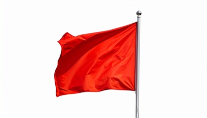 “Bright red flag waving on silver pole, isolated on white, symbolizing warning or attention.”