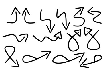 A collection of hand-drawn arrows in various shapes. Different types of arrows pointing in all directions.