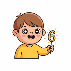Cartoon Boy Celebrating Sixth Birthday Holding Number Six Sparkler.