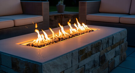A rectangular outdoor fire pit with flames, surrounded by stone and seating, creating a cozy ambiance.