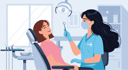 Obraz premium Dental Care Dentist Examining Patient in Clinic (Vector Illustration)