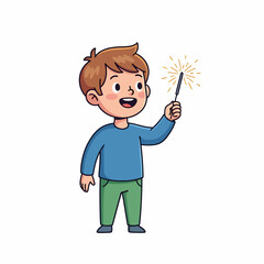 Happy cartoon boy holding a lit sparkler for a celebration.