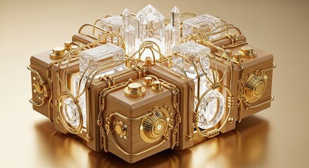 Luxury wooden and crystal cube with intricate golden details showcasing opulence and craftsmanship