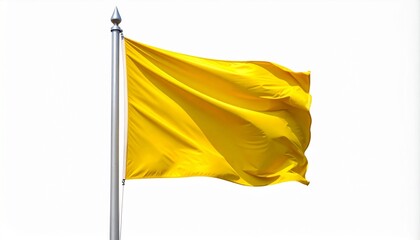 “Bright yellow flag on silver pole, isolated on white, symbolizing caution or alert.”