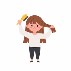 Young girl brushing her long brown hair with a yellow brush.