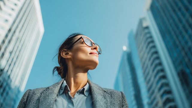 Urban Visionary: A confident businesswoman gazes upward with determination against the backdrop of imposing skyscrapers, embodying ambition and leadership.