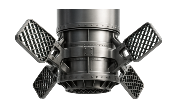 Interstage area featuring lattice grid fins and metal interconnects.