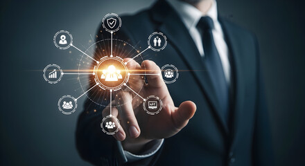 Businessman touching cloud computing icon digital technology concept data storage and network connection
